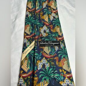 Vintage Salvatore Ferragamo 100% Silk Tie Palm Print Made in Italy